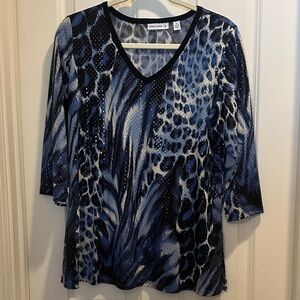 Susan Graves  Blue and Black Animal Print Blouse